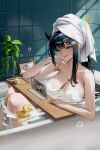  1boy 1girl absurdres aqua_eyes bare_shoulders bathing bathtub black_hair blush breasts candle cleavage commander_(nikke) commentary_request completely_nude english_commentary goddess_of_victory:_nikke hair_ornament hairband heart highres large_breasts long_hair mint_(nikke) nude partially_submerged photo_(object) rubber_duck sitting smile soap_bubbles textless_version titannon towel towel_on_head variant_set water 