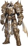  1boy absurdres antoine_martinez armor beard black_hair breastplate facial_hair gauntlets greaves highres looking_at_viewer mustache official_art pauldrons scarf shoulder_armor simple_background solo_leveling solo_leveling:_arise white_hood white_scarf 