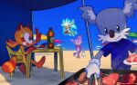  2boys 2girls alternate_costume blaze_the_cat blue_eyes blue_shirt bottle brown_fur caffstrink collared_shirt day food furry furry_female furry_male gardon_(sonic) gloves green_one-piece_swimsuit grey_fur koala_boy koala_ears marine_the_raccoon multiple_boys multiple_girls one-piece_swimsuit open_mouth outdoors purple_fur raccoon_girl raccoon_tail sand shirt short_sleeves silver_the_hedgehog sonic_(series) steak swimsuit tail white_gloves 