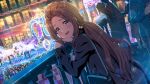  1girl against_railing bag black_coat blue_bag blush brown_hair card_commentary coat commentary_request game_asset green_eyes handbag idolmaster idolmaster_million_live! idolmaster_million_live!_theater_days long_hair looking_at_viewer looking_to_the_side low_ponytail night nikaido_chizuru official_art open_mouth outdoors parade ponytail railing smile solo_focus third-party_source turning_head 