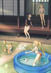  3girls absurdres ahoge bikini black_one-piece_swimsuit blonde_hair blue_nails bracelet cho_kaguya-hime! commentary_request cropped_shirt film_grain food fruit green_eyes hair_bun hair_ribbon highres inudoge jewelry jingulbi kaguya_(cho_kaguya-hime!) light_particles long_hair multiple_girls nail_polish one-piece_swimsuit open_mouth orange_bikini parfait ponytail purple_eyes ribbon runami_yachiyo sakayori_iroha see-through_clothes see-through_shirt shide shirt sidelocks single_hair_bun sitting standing strawberry swimsuit teeth toenail_polish toenails twintails upper_teeth_only wading_pool white_one-piece_swimsuit white_ribbon 