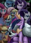 absurd_res angry applejack_(mlp) ather_os blonde_hair blue_body blue_eyes blue_hair bodily_fluids bone cloak clothing dragon earth_pony equid equine eyebrows eyelashes eyes_closed eyeshadow female feral fluttershy_(mlp) friendship_is_magic green_body green_eyes grin group hair hasbro hi_res hooves horn horse image_comics invincible_(image_comics) lauren_faust_(character) long_hair looking_at_viewer lyra_heartstrings_(mlp) makeup male mammal multicolored_body multicolored_hair my_little_pony mythological_creature mythological_equine mythological_scalie mythology orange_body parody pegasus pink_body pink_hair pinkie_pie_(mlp) pony purple_body purple_eyes purple_hair quadruped rainbow_dash_(mlp) rainbow_hair rarity_(mlp) red_hair scalie skull smile spike_(mlp) starlight_glimmer_(mlp) sweat teeth thragg_and_viltrumites_panel trixie_(mlp) twilight_sparkle_(mlp) two_tone_body unicorn white_body wings yellow_body