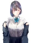  1girl blazer blue_ribbon breasts commentary_request highres jacket large_breasts original purple_eyes ria:yonmarugo ribbon school_uniform short_hair white_background 