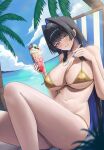  1girl :d absurdres bikini black_hair blue_eyes blue_hair blue_sky blunt_bangs breasts cleavage cloud colored_inner_hair commentary cup day food gold_bikini grin hair_intakes highres holding holding_cup holding_spoon hololive hololive_english large_breasts long_hair looking_at_viewer multicolored_hair navel ocean official_alternate_hairstyle ouro_kronii outdoors parfait rayn3 sitting sky smile solo spoon stomach string_bikini swimsuit very_long_hair virtual_youtuber 