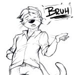 anthro black_and_white bottomwear bruh claws clothed clothed_male clothing collared_shirt dialogue ear_piercing eyebrows frown guide_lines hair hand_behind_back hi_res looking_at_viewer male mammal membrane_(anatomy) monochrome mustelid open_mouth otter otter_tail pandottermon pants piercing raised_eyebrow shirt simple_background sketch solo speech_bubble standing talking_to_viewer tongue topwear underlined_text webbed_hands whiskers white_background