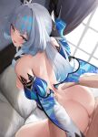  1boy 1girl absurdres ass bar_censor bent_over blue_eyes blush breasts censored cerydra_(honkai:_star_rail) commentary_request grey_eyes grey_hair hetero highres honkai:_star_rail honkai_(series) long_hair medium_breasts moca_(mocaa_iai) nipples open_mouth penis sex sex_from_behind solo_focus wings 