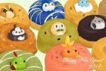  bird chitan_(chitan4615) dated donut food happy_new_year highres natu pidgey pidove piplup pokemon pokemon_(creature) rowlet starly swablu torchic trait_connection 