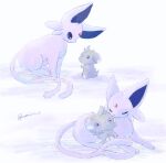  closed_eyes commentary_request espeon espurr forehead_jewel forked_tail looking_down lying no_humans pokemon pokemon_(creature) pokemon_focus purple_eyes rioon_fish sitting tail twitter_username white_background 