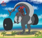 anthro aquatic artist_logo back_muscles barbell beach_towel beach_umbrella big_breasts big_butt big_muscles big_tail black_hair black_nipples blue_sky breasts butt claws cloud cloudy_sky colored_nails digitigrade dorsal_fluff dragon ear_fins eastern_dragon fangs female fin fish fluffy fluffy_chest fluffy_hair forked_tongue grey_body hair hi_res highlights_(coloring) horn huge_breasts huge_butt huge_muscles huge_tail huge_thighs hybrid hyper hyper_breasts karina_(knockedoutdragon) knockedoutdragon lifting logo long_hair long_tail long_tongue macro_female markings multicolored_hair muscular muscular_arms muscular_female muscular_thighs mythological_creature mythological_scalie mythology nails nipples palm_tree parasol pawpads pink_tongue plant raised_tail rear_view red_claws red_eyes red_highlights red_horn red_markings red_nails scalie sea shark shark_fin shark_tail sharp_teeth sky solo standing tail teeth thick_tail thick_thighs tongue towel tree water watermark wide_hips