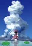  1girl absurdres blue_sky bow brown_hair cloud commentary_request day detached_sleeves frilled_bow frills gasubanana gohei hair_bow hakurei_reimu highres holding holding_gohei long_hair outdoors red_bow red_skirt reflection reflective_liquid ribbon-trimmed_sleeves ribbon_trim skirt skirt_set sky solo touhou water 