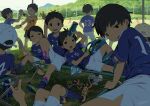  6+boys arm_up ball bandaid bandaid_on_knee bandaid_on_leg baseball_cap black_eyes black_hair black_shoes blue_shirt bottle child commentary_request day grass green_shoes grin hat holding holding_bottle looking_at_viewer lying male_focus mole mole_under_eye multiple_boys noeyebrow_(mauve) on_back on_bench open_mouth orange_shoes original outdoors shin_pads shirt shoes short_hair short_sleeves shorts signature sitting smile smug soccer soccer_ball soccer_field soccer_uniform sportswear standing v very_short_hair white_hat white_shorts 