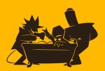  1other 2boys arm_up arms_behind_back bathing bathtub bubble cat_mike_(deltarune) commentary cowboy_hat_mike deltarune english_commentary facing_another fafameow frown full_body green_pippins hand_rest hand_up highres holding holding_shower_head in_bathtub monochrome multiple_boys no_eyes no_lineart pippins_(deltarune) shadowguy_(deltarune) shower_head silhouette smile standing utdr_(toby_fox) yellow_background zapper_(deltarune) 