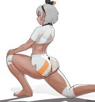  1girl artist_name ass bangs barefoot bea_(pokemon) black_hairband bow_hairband closed_eyes commentary cropped_shirt dark-skinned_female dark_skin from_side grey_hair hairband hand_on_own_knee highres knee_pads one_knee own_hands_together pokemon pokemon_(game) pokemon_swsh shirt short_hair short_shorts shorts solo stopu stretching thick_thighs thighs toes white_background white_shirt white_shorts 
