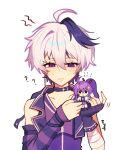  1boy 1girl ? ?? ahoge anmyu artist_name bandaged_arm bandages bare_shoulders black_collar black_gloves black_streaks blush clenched_teeth collar collarbone collared_jacket commentary cross cross_earrings detached_sleeves double-parted_bangs earrings english_commentary facing_viewer fingerless_gloves flat_chest flower_(vocaloid) flower_(vocaloid4) gloves hair_between_eyes hands_up high_ponytail highres hood hood_down hooded_jacket jacket jewelry kamui_gakupo looking_at_another looking_down multicolored_hair nail_polish open_clothes open_jacket parted_lips ponytail purple_eyes purple_hair purple_jacket purple_nails purple_shirt purple_sleeves shirt short_hair simple_background single_detached_sleeve single_fingerless_glove single_glove single_hair_intake sleeveless sleeveless_jacket sleeveless_shirt sleeves_past_wrists solo_focus sparkle straight-on streaked_hair striped_sleeves sweat teeth tomodachi_life tomodachi_life:_living_the_dream two-tone_hair v-neck vocaloid white_background white_hair white_trim 