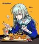  1girl bang_dream! bang_dream!_it's_mygo!!!!! chicken_nuggets chinese_text commentary_request cup disposable_cup food french_fries green_hair highres long_hair mcdonald's ne2op playing_with_food sauce sauce_packet simple_background sitting solo translation_request tray wakaba_mutsumi yellow_background yellow_eyes 