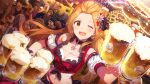  1girl :d ;d alcohol beer beer_mug blush breasts brown_hair card_commentary cleavage commentary_request cup detached_sleeves dutch_angle earrings flower game_asset green_eyes hair_flower hair_ornament heart heart_hair_ornament holding holding_cup idolmaster idolmaster_million_live! idolmaster_million_live!_theater_days jewelry long_hair midriff mug navel nikaido_chizuru official_alternate_costume official_alternate_hairstyle official_art one_eye_closed open_mouth puffy_detached_sleeves puffy_sleeves smile solo_focus third-party_source 