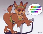 accessory anthro arm_support ass_up bent_over big_butt black_nose bobcat bottomless bubsy_(series) bubsy_bobcat butt captain_nikko chest_tuft claws clothed clothing countershading dialogue ear_tuft eyebrows fangs felid feline fur half-closed_eyes head_tuft headband hi_res humor looking_at_viewer lynx male mammal multicolored_text narrowed_eyes open_mouth orange_body orange_fur pointy_ears raised_eyebrows raised_tail shirt signature simple_background smile solo speech_bubble tail tank_top teeth thick_thighs tongue toony topwear tuft wide_hips