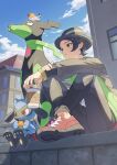  1boy amakara000 bird black_hair black_hat black_pants blue_sky bread cloud commentary cup disposable_cup dog eating fletchling food green_jacket hat highres holding holding_cup holding_food jacket long_sleeves male_focus open_clothes open_jacket outdoors pants paxton_(pokemon) pokemon pokemon_(creature) pokemon_legends:_z-a red_eyes red_shoes riolu shirt shoes short_hair sitting sky untranslatable_commentary white_shirt zygarde zygarde_(10) 