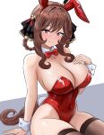  1girl absurdres animal_ear_hairband animal_ears bare_shoulders black_thighhighs blush braid braided_hair_rings breasts brown_hair cleavage closed_mouth collarbone commentary_request ear_covers ear_ornament fake_animal_ears fake_tail gentildonna_(umamusume) hair_between_eyes hair_ornament hair_rings hairband heart-shaped_ornament heart_ear_ornament highres horse_ears horse_girl horse_tail kagutaba_316 large_breasts leotard long_hair looking_at_viewer nontraditional_playboy_bunny rabbit_ears rabbit_tail red_eyes red_hairband red_leotard sitting smile solo tail thighhighs thighs umamusume white_wrist_cuffs wrist_cuffs 