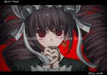  1girl artist_name black_hair celestia_ludenberg danganronpa:_trigger_happy_havoc danganronpa_(series) drill_hair english_text headdress highres long_hair oshioishii own_hands_together red_background red_eyes solo sweat twin_drills twintails 