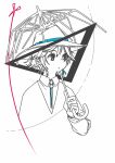  1girl blue_bow blue_ribbon bow collared_shirt commentary_request cover cover_page hair_ribbon hat hat_bow highres holding holding_umbrella neck_ribbon open_mouth ribbon scissors shirt short_hair solo spot_color touhou uewtsol umbrella usami_renko white_background 