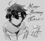  2boys akinashi_haru akinashi_natsuki akinatsu_fan animal_ears antenna_hair blush brothers cat_boy cat_ears cat_tail chibi chibi_inset commentary double-parted_bangs ear_piercing english_commentary english_text greyscale hair_between_eyes happy_birthday highres incest jacket kemonomimi_mode long_sleeves male_focus mixed-language_commentary monochrome multiple_boys outline penis piercing saihate_eki scarf short_hair siblings sidelocks smile tail testicles white_outline yaoi 