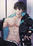  1boy abs belt black_hair black_jacket black_pants blue_eyes blue_hoodie chain commission dog_tags fingerless_gloves gloves gold_chain grin groin highres hood hood_down hoodie indie_virtual_youtuber indoors jacket jae_(vtuber) jewelry large_pectorals leaning_back light_particles male_focus manly muscular muscular_male navel necklace nipples open_clothes open_jacket pants pectoral_cleavage pectorals short_hair simple_background sitting smile solo sonomi upper_body virtual_youtuber 