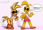 anthro avian bib bird bottomwear cadesfm chica_(fnaf) chicken clothing dialogue duo female five_nights_at_freddy's five_nights_at_freddy's_2 five_nights_at_frickbear's_(series) five_nights_at_frickbear's_3 galliform hi_res panties phasianid pink_bottomwear pink_clothing pink_panties pink_skirt pink_underwear question_mark robot_anthro scottgames skirt toony toy_chica_(fnaf) toy_chica_(frickbear's) underwear