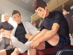  5boys abs bara bike_shorts boxers compression_shirt dressing_room looking_at_another male_focus male_underwear multiple_boys muscular muscular_male no_bangs open_mouth original shaved_head smile socks tettabuzz thick_eyebrows underwear undressing white_socks window 