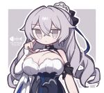  1girl artist_name black_dress border breasts bronya_rand bronya_zaychik bronya_zaychik_(silverwing:_n-ex) cleavage commentary_request cross cross_earrings detached_sleeves dress earrings grey_background grey_eyes grey_hair honkai_(series) honkai_impact_3rd jewelry large_breasts long_hair looking_at_viewer rasarasu simple_background solo tiara very_long_hair white_border 