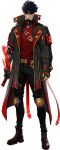  1boy absurdres black_coat black_hair black_pants blue_eyes boots brown_boots brown_gloves coat fingerless_gloves full_body gloves highres knee_pads long_coat looking_at_viewer mechanical_arms official_alternate_costume official_art open_clothes open_coat pants red_shirt shirt short_hair simple_background single_glove single_mechanical_arm solo_leveling solo_leveling:_arise sung_jin-woo transparent_background 