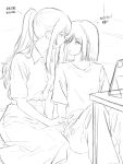  2girls bed chinese_text collared_shirt commentary english_commentary greyscale highres holding_hands indoors long_hair magnet20231027 miyagi_shiori monochrome multiple_girls ponytail sendai_hazuki shirt short_hair shuuniichido_classmate_wo_kau_hanashi skirt tablet_pc translation_request yuri 