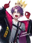  1boy animal_on_head black_choker black_jacket chain choker colored_inner_hair crown english_text gloves jacket jewelry kaohom503 multicolored_hair nijisanji on_head open_mouth purple_hair red_gloves red_hair shirt short_sleeves simple_background smile streaked_hair virtual_youtuber watarai_hibari white_background white_shirt yellow_eyes 