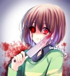  1other arm_at_side artist_name bags_under_eyes black_sclera black_shirt blood blood_from_eyes blood_from_mouth blood_on_knife blood_splatter blush_stickers brown_hair chara_(undertale) closed_mouth collared_shirt colored_sclera commentary drop_shadow english_commentary eyes_visible_through_hair fingernails flat_chest green_sweater hair_between_eyes holding holding_knife knife lips long_sleeves looking_at_viewer mismatched_sclera multicolored_hair open_collar other_focus portrait purple_hair raised_inner_eyebrows red_eyes sasucchi95 shaded_face shirt short_hair sidelocks simple_background slit_pupils smile solo striped_clothes striped_sweater sweater tareme two-tone_hair two-tone_sweater undertale utdr_(toby_fox) vignetting white_background yellow_sweater 