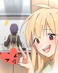  2girls absurdres ahoge apron black_hair black_shirt blonde_hair cho_kaguya-hime! commentary_request cooking cooking_pot fang heart highres jingulbi kaguya_(cho_kaguya-hime!) long_hair multiple_girls open_mouth pink_nails red_eyes sakayori_iroha selfie shirt short_hair sparkle v 