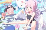  <|>_<|> 2girls :d absurdres alternate_hairstyle angel_wings bad_id bad_pixiv_id bare_legs bare_shoulders black_one-piece_swimsuit black_wings blue_archive blurry blush braid breasts collarbone competition_swimsuit crescent_moon cup depth_of_field dot_nose feathered_wings goggles goggles_on_head gradient_halo halo head_wings highres kaerunrun koharu_(blue_archive) light_blush long_hair looking_at_viewer low_wings medium_breasts mika_(blue_archive) moon multicolored_halo multicolored_swimsuit multiple_girls one-piece_swimsuit peroro_(blue_archive) pink_hair plant ponytail pool pool_ladder poolside purple_halo red_halo school_swimsuit sidelocks sitting smile snail_print sparkle spread_legs stuffed_animal stuffed_toy swim_goggles swimsuit trinity_general_school_swimsuit twin_braids twintails unworn_goggles very_long_hair water wet wings yellow_eyes 