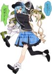  2girls 55szt asymmetrical_footwear black_capelet black_hat black_pantyhose black_shoes blonde_hair blue_hair blue_skirt bonnet braid braided_hair_rings capelet carrying commentary_request dress fireman's_carry green_bonnet green_dress green_eyes green_shoes hair_rings hat mahou_shoujo_no_majo_saiban mismatched_footwear multiple_girls open_mouth pantyhose plaid_clothes plaid_skirt shoes simple_background single_leg_pantyhose skirt smile speech_bubble tachibana_sherry tono_hanna translation_request twintails unmoving_pattern white_background yellow_eyes 