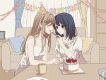  2girls absurdres adachi_sakura adachi_to_shimamura artist_request black_hair blue_eyes blush brown_hair cake chinese_commentary closed_eyes coffee_mug commentary_request couch cup cushion dress feeding food fork fruit happy_birthday hat highres holding holding_fork holding_hands indoors long_hair medium_hair mug multiple_girls open_mouth party_hat second-party_source shimamura_hougetsu smile strawberry white_dress yuri 