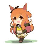  1girl :d animal_ears bomber_jacket brown_eyes chibi crop_top dog_tags ear_ribbon green_jacket highres horse_ears horse_girl jacket kulettula long_hair looking_at_viewer mayano_top_gun_(umamusume) orange_hair outstretched_arms shorts simple_background smile solo thighhighs two_side_up umamusume white_background 