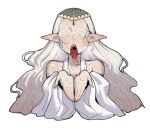  1girl absurdres blush closed_eyes collarbone colored_eyelashes commentary_request cropped_torso ebonyxh flat_chest highres long_hair monster_hunter_(series) monster_hunter_wilds open_mouth own_hands_together pointy_ears robe saliva solo sound_effects speech_bubble tongue tongue_out upper_body utahime_(monster_hunter_wilds) white_background white_robe 