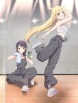  2girls absurdres ahoge black_hair black_tank_top blonde_hair cellphone cho_kaguya-hime! commentary_request dancing green_eyes grey_pants highres holding holding_phone jingulbi kaguya_(cho_kaguya-hime!) long_hair looking_at_viewer mirror mole mole_under_eye multiple_girls open_mouth pants phone red_eyes sakayori_iroha shoes short_hair smartphone sweatdrop tank_top towel very_long_hair white_shoes white_tank_top 