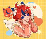  1boy ahoge alternate_costume amai_(amaicandy) angel_wings blue_eyes blue_hair blush commentary english_commentary fake_wings grid_background hands_on_own_cheeks hands_on_own_face heart jacket jersey_maid looking_at_viewer maid maid_headdress male_focus multicolored_hair outline pink_jacket red_hair ringed_eyes simple_background smile solo star_(symbol) streaked_hair sumino_takumi the_hundred_line_-last_defense_academy- track_jacket twitter_username unconventional_maid wings yellow_background 