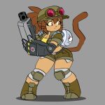 2026 anthro arm_cannon belt bottomwear breasts brown_body brown_hair clothing domestic_cat duo eyebrows eyelashes eyewear felid feline felis female gameoverse glitch_productions gobbles_(gameoverse) goggles hair hat headgear headwear hi_res kit_(gameoverse) knee_pads machine magenta_eyes male mammal peagade robot shorts topwear whiskers yellow_sclera