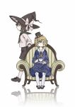  2girls adapted_costume alternate_headwear armchair black_necktie black_sailor_collar black_shorts blonde_hair bow brown_hair brown_shoes bug butterfly chair closed_eyes closed_mouth collarbone commentary_request cup diagonal-striped_clothes diagonal-striped_necktie dress frilled_hat frills hat hat_bow highres holding holding_cup long_sleeves maribel_hearn mixed-language_commentary multiple_girls neckerchief necktie on_chair purple_dress red_bow red_neckerchief reflection sailor_collar shoes short_hair shorts sitting sleeve_cuffs striped_clothes striped_necktie top_hat touhou uewtsol usami_renko white_background white_bow witch_hat 
