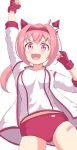  1girl absurdres animal_ears arm_up blush bow breasts buruma clenched_hands commentary_request ear_bow ear_covers fingerless_gloves flower-shaped_pupils flower_in_eye gloves haru_urara_(bestest_prize)_(umamusume) haru_urara_(umamusume) headband highres horse_ears horse_girl jacket long_hair medium_breasts mikoto000813 open_mouth pink_buruma pink_hair pink_headband ponytail red_buruma red_gloves red_headband shirt simple_background smile solo symbol-shaped_pupils symbol_in_eye umamusume white_background white_jacket white_shirt 