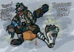 anthro ascot bracelet claws clothing dialogue dirty dirty_clothing dirty_shoes dirty_socks epic_games facial_piercing feet footwear fortnite green_hair hair hi_res jacket jewelry male mammal musk nose_piercing nose_ring piercing procyonid raccoon ring_piercing rocko_(artist) rufus_(fortnite) shoes_removed sitting smelly smelly_feet socks solo toe_claws topwear torn_clothing torn_footwear torn_socks