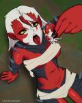 anthro armor big_breasts black_nails breasts canid canine clothed clothing colored_nails darkin duo ear_piercing female fur green_eyes hair hi_res high-angle_view humanoid league_of_legends male mammal naafiri_(lol) nails open_mouth piercing pointy_ears red_body riot_games sadxkingart scared sharp_teeth sitting sitting_on_ground teemo_(lol) teeth tencent tongue tongue_out tongue_piercing uvula yellow_sclera yordle