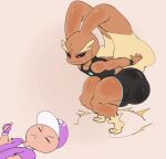  ambiguous_gender anthro big_butt black_sclera bottomwear brown_body butt clothing crouching duo eyes_closed fingerless_gloves gloves handwear hat headgear headwear hi_res huge_butt human lopunny lying male mammal nintendo on_back pok&eacute;mon pok&eacute;mon_(species) pok&eacute;mon_trainer purple_yoshi_draws red_eyes shirt shorts tank_top thick_thighs topwear video_games white_body white_skin 