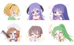  +_+ 1boy 5girls :d ;d absurdres beret black_hairband blonde_hair blue_eyes blush_stickers bow bowtie brown_hair chen_yan chibi chibi_only closed_mouth commentary crying crying_with_eyes_open dress furude_rika green_dress green_hair hairband hanyuu hat heart highres higurashi_no_naku_koro_ni horns houjou_satoko japanese_clothes long_hair maebara_keiichi miko multiple_girls nata_(tool) one_eye_closed open_mouth orange_hair pink_bow pink_bowtie purple_eyes purple_hair ryuuguu_rena sailor_dress school_uniform shirt short_hair smile sonozaki_mion star-shaped_pupils star_(symbol) symbol-shaped_pupils tears untranslatable_commentary v white_hat white_shirt 