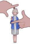  2girls alternate_costume blonde_hair blue_eyes blue_jacket blush_stickers closed_mouth commentary dress finger_frame hair_bun hair_ribbon highres jacket long_sleeves maribel_hearn multiple_girls ribbon shoes sidelocks simple_background solo_focus standing touhou uewtsol usami_renko v white_background white_dress white_shoes 